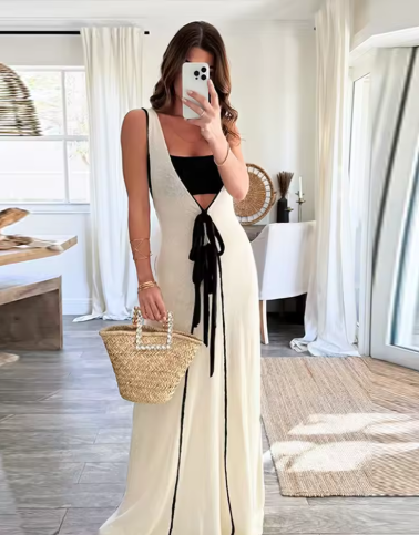 Women's Lace Knit Dress with V-Neck, Sleeveless, Empire Panels, Feminine Mid-Length Dress, Summer Vacation Robe, 2022 Fashion